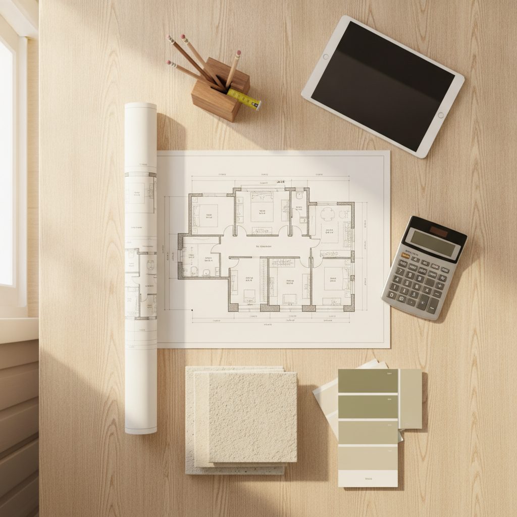 Cost planning for an accessibility remodel — floor plans, a calculator and tile and paint samples